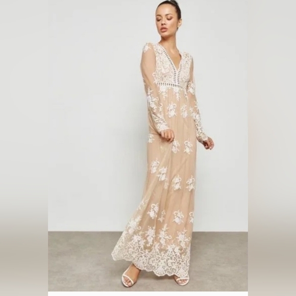 Forever 21 (Size S) Womens Long Embroider Lace Long Sleeve Dress Beige Lining - Picture 3 of 3